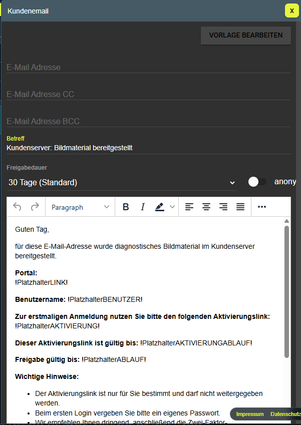 PawPacs Dialog zur zeitlich begrenzten Bereitstellung von Bildmaterial im Kundenserver
