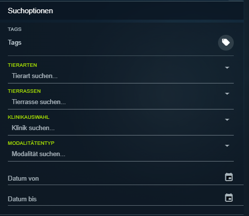 PawPacs Suchoptionen für Tags, Tierart, Tierrasse, Klinik, Modalität und Zeitraum